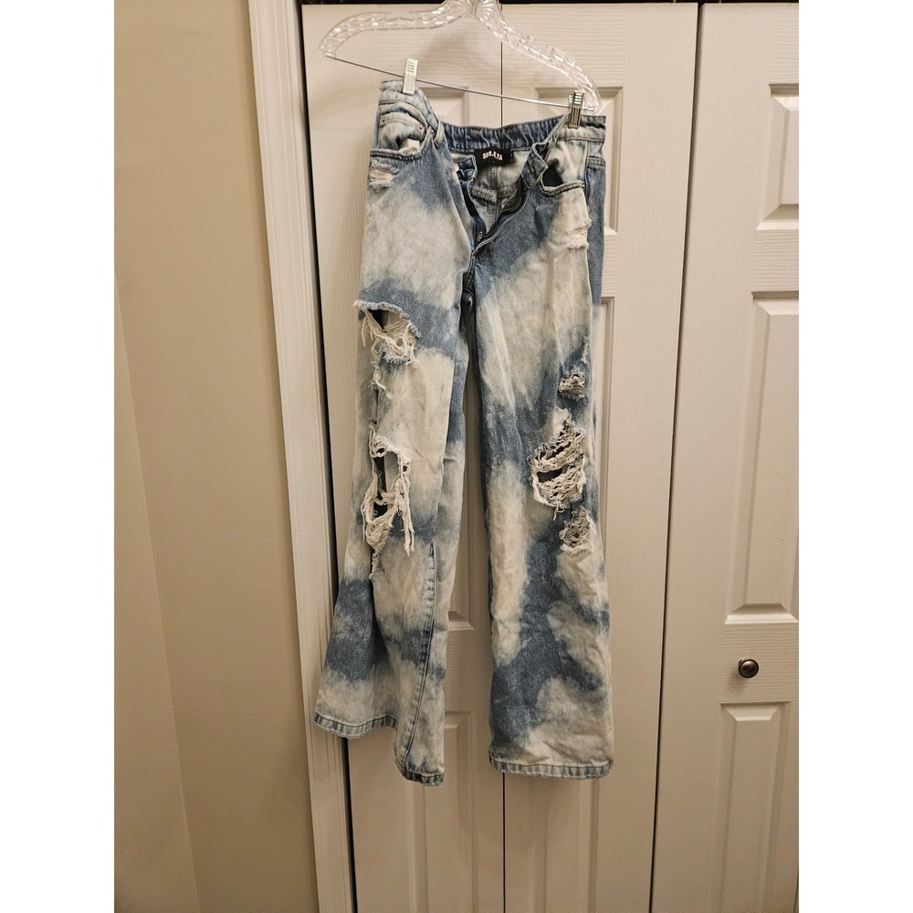 Ser.o.ya Distressed Wide Leg Jeans Cloud Acid Wash Blue White Womens Size 26
